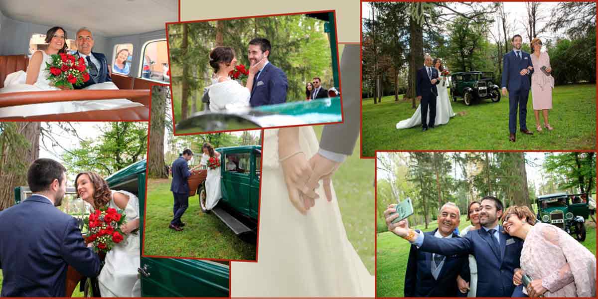 mauqetacion de album con fotos de boda de la llegada de la novia a palacio Quintana Soria