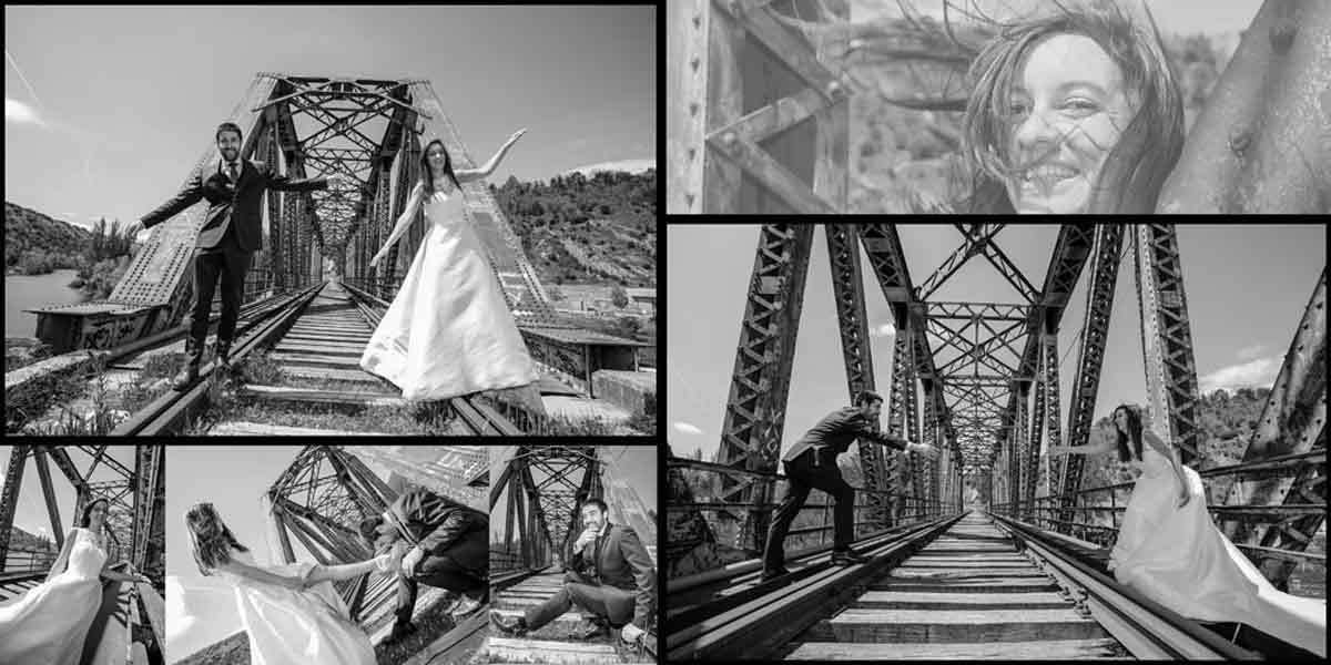 Maquetación ábum de boda en San Saturio puente de hierro del tren Soria